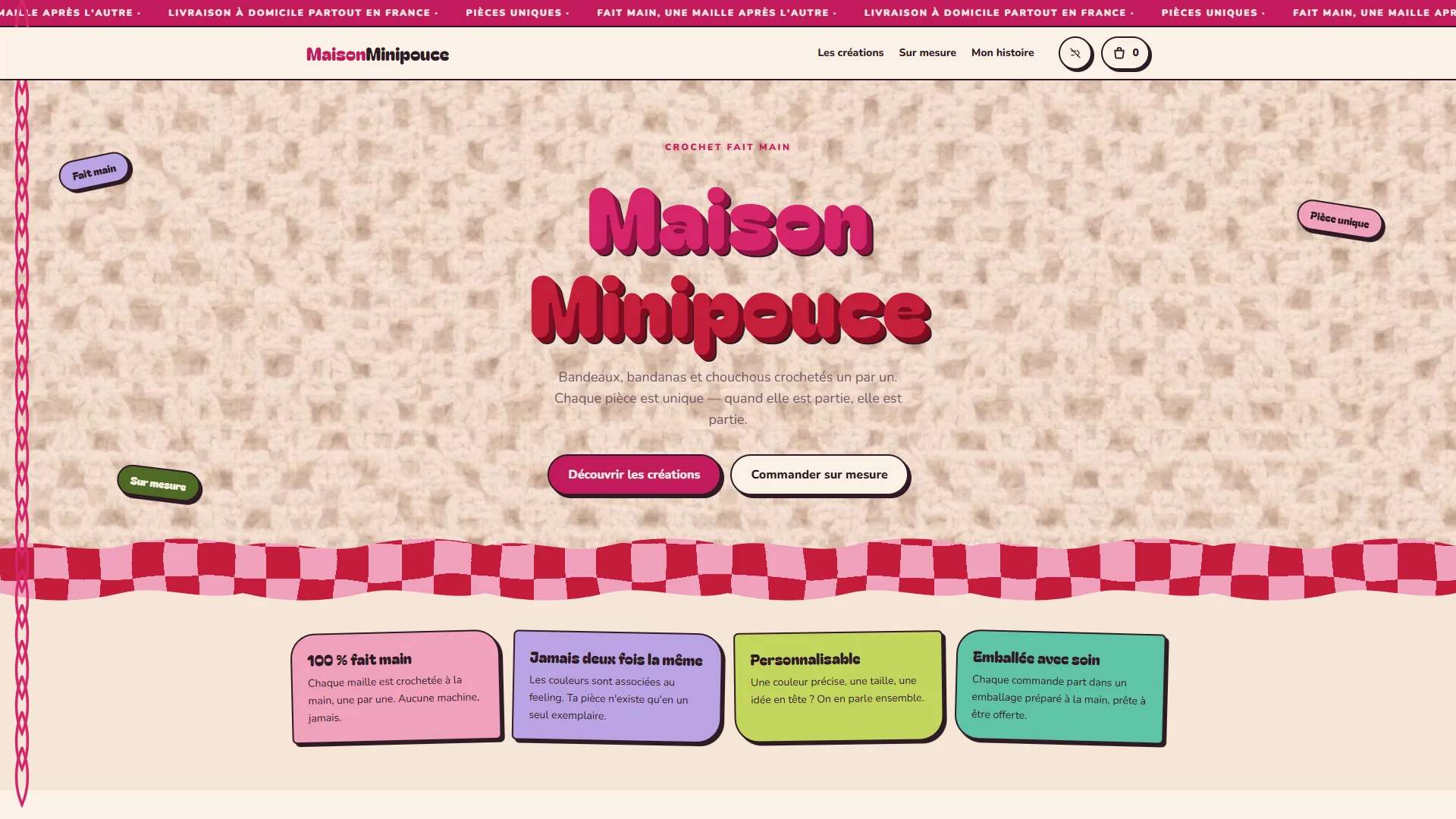 Le site Maison Minipouce — Une boutique où chaque pièce est unique.
